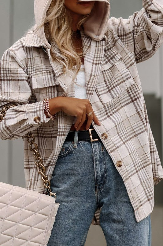 Jenn Plaid Removable Hood Buttoned Shacket