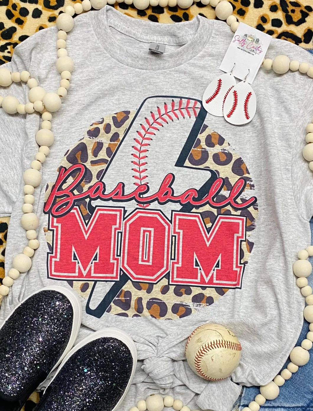 Baseball Mom Leopard with Lightening Bolt Grey Tee