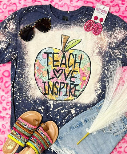 Teach Love Inspire Colorful Apple Navy Bleached Tee