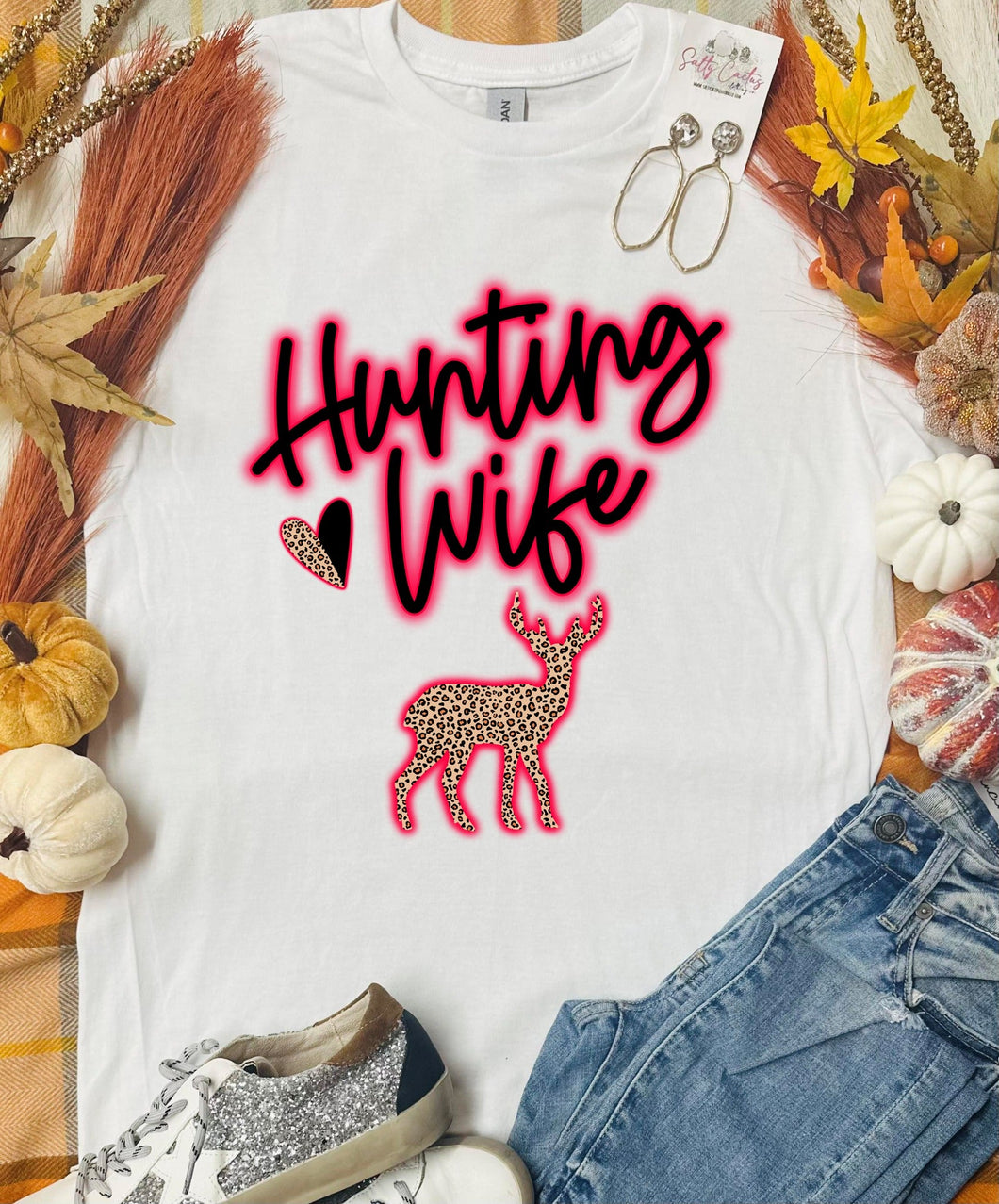 Hunting Wife Leopard Neon on White Tee